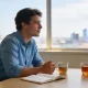 A client and an adviser in conversation at a table in a bright Melbourne office.