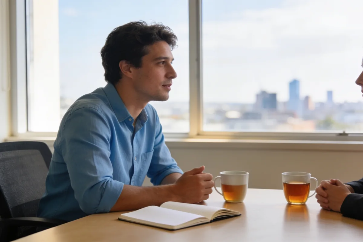 A client and an adviser in conversation at a table in a bright Melbourne office.