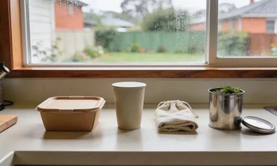 Brown paper takeaway container, a matte plant-fibre cup and a folded cloth produce bag in a row on a pale kitchen benchtop with a steel food-scrap caddy beside them, looking onto a rain-streaked window and a wet suburban garden