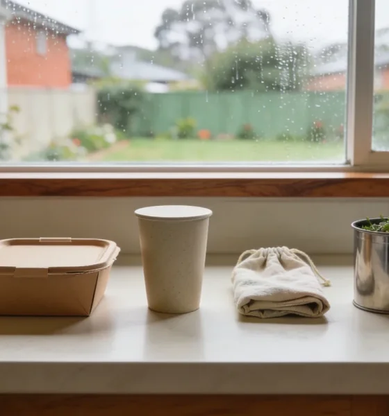 Brown paper takeaway container, a matte plant-fibre cup and a folded cloth produce bag in a row on a pale kitchen benchtop with a steel food-scrap caddy beside them, looking onto a rain-streaked window and a wet suburban garden