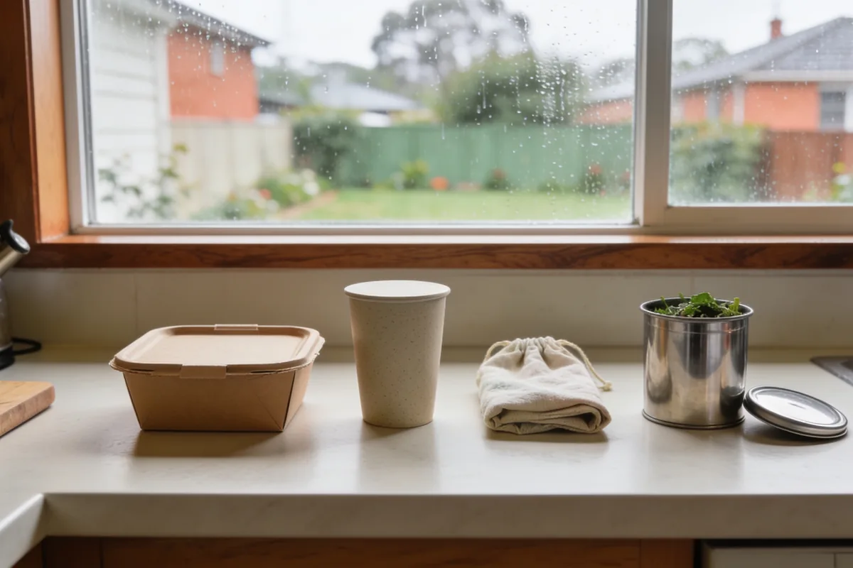 Brown paper takeaway container, a matte plant-fibre cup and a folded cloth produce bag in a row on a pale kitchen benchtop with a steel food-scrap caddy beside them, looking onto a rain-streaked window and a wet suburban garden