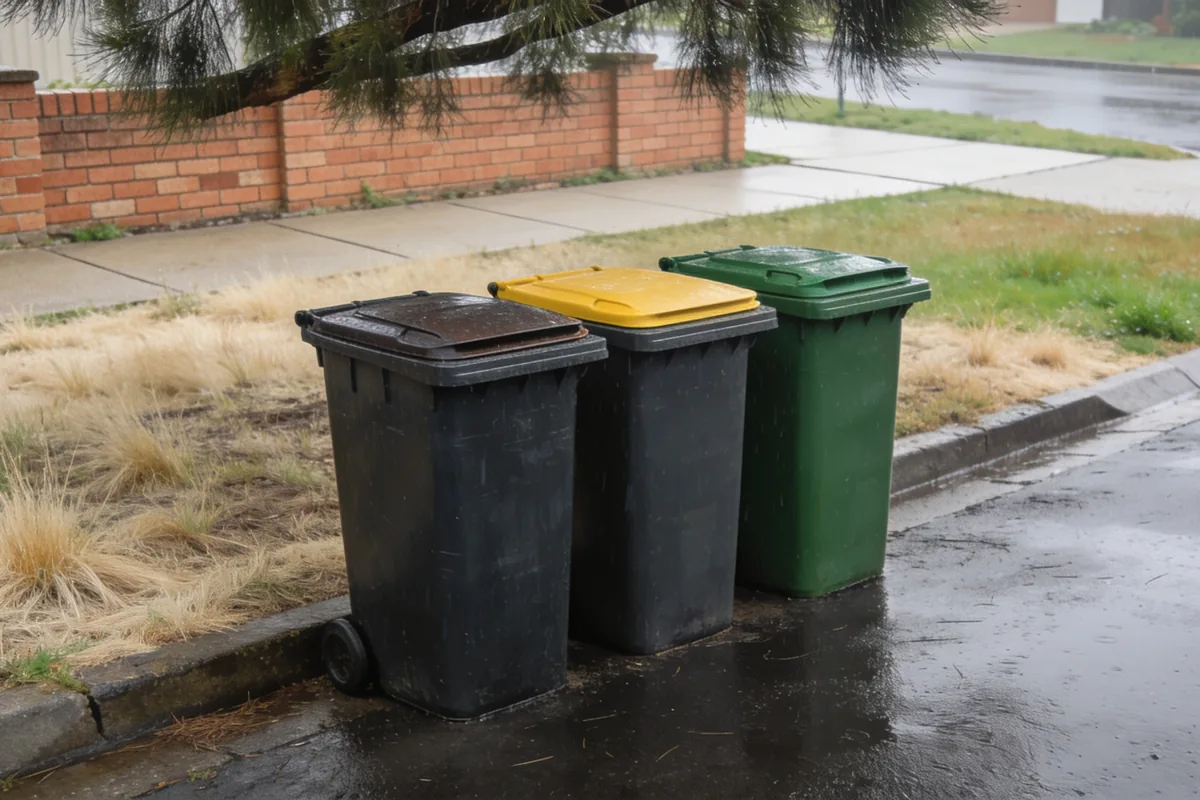 Three unmarked kerbside wheelie bins standing together on a suburban nature strip on a wet bin day, one with a dark lid, one with a yellow lid and one green, with a brick fence, footpath and wet road behind