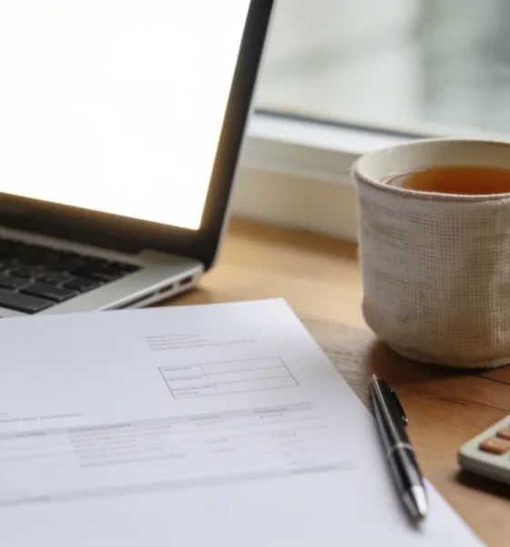 A small-business owner's desk by a window with an open laptop on a blank glowing screen, a plain white invoice page with no visible writing, a pen, a calculator and a cup of tea in soft natural light.