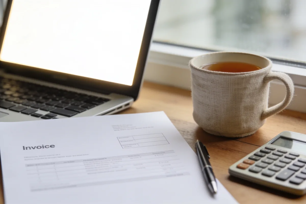 A small-business owner's desk by a window with an open laptop on a blank glowing screen, a plain white invoice page with no visible writing, a pen, a calculator and a cup of tea in soft natural light.