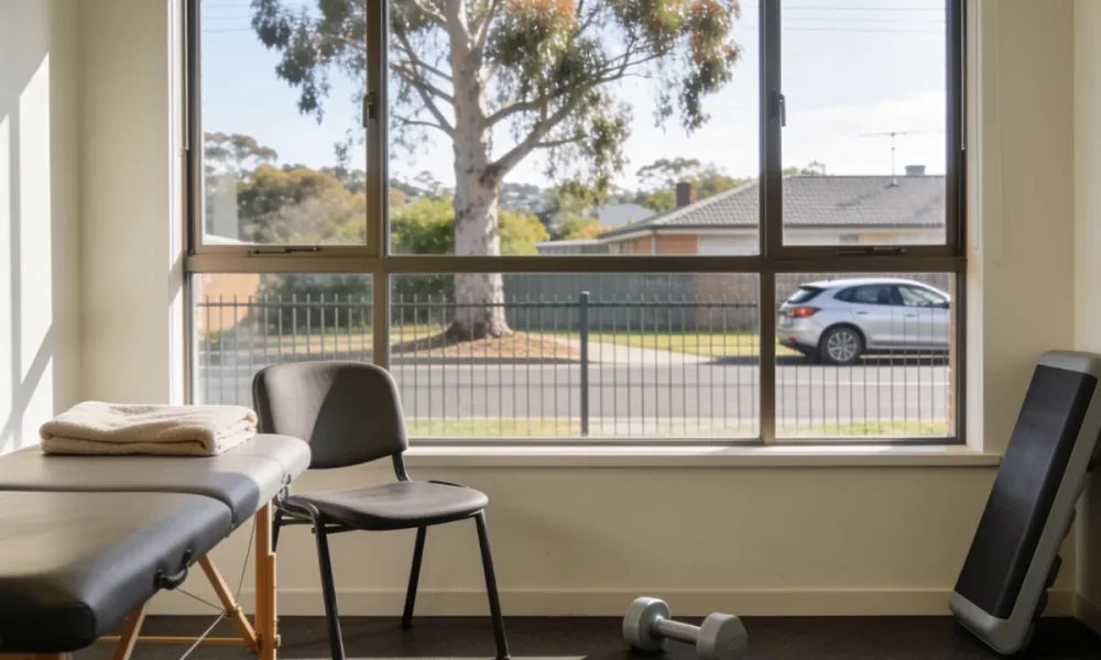 Bright rehabilitation gym room with a treatment bed and folded towel beside a chair, a dumbbell and exercise step, and a large window onto a suburban Australian street with a gum tree