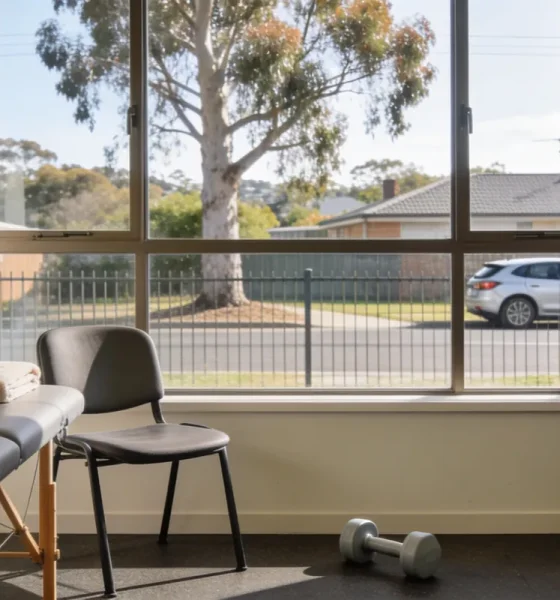 Bright rehabilitation gym room with a treatment bed and folded towel beside a chair, a dumbbell and exercise step, and a large window onto a suburban Australian street with a gum tree