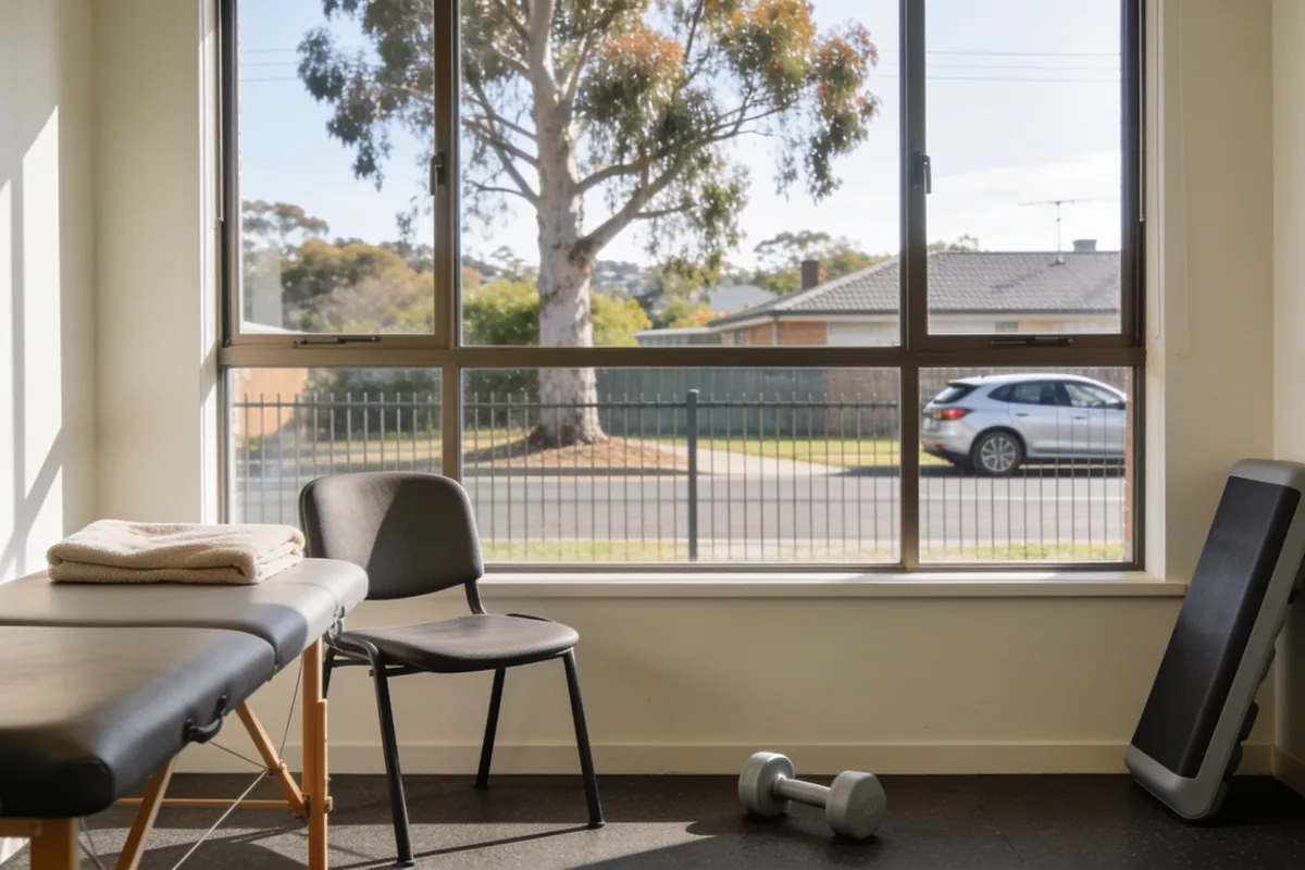 Bright rehabilitation gym room with a treatment bed and folded towel beside a chair, a dumbbell and exercise step, and a large window onto a suburban Australian street with a gum tree