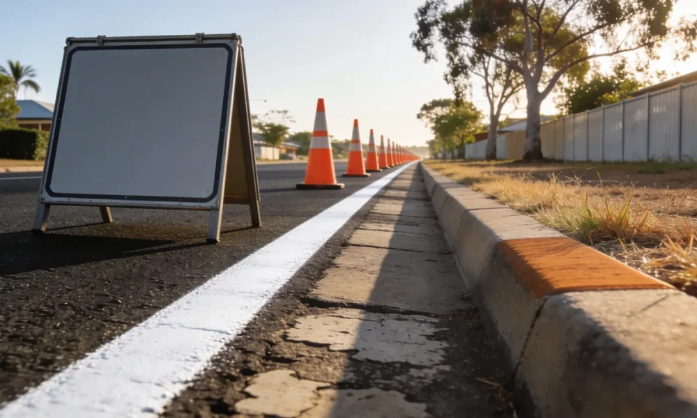 Fresh white edge line and worn older road markings on a suburban Australian street, a row of orange traffic cones receding into the distance and a blank roadworks sign on the road shoulder beside dry verge grass
