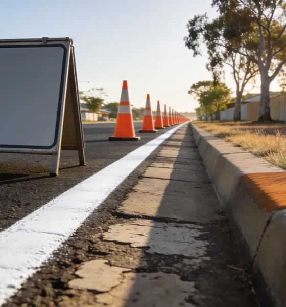 Fresh white edge line and worn older road markings on a suburban Australian street, a row of orange traffic cones receding into the distance and a blank roadworks sign on the road shoulder beside dry verge grass