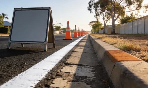 Fresh white edge line and worn older road markings on a suburban Australian street, a row of orange traffic cones receding into the distance and a blank roadworks sign on the road shoulder beside dry verge grass
