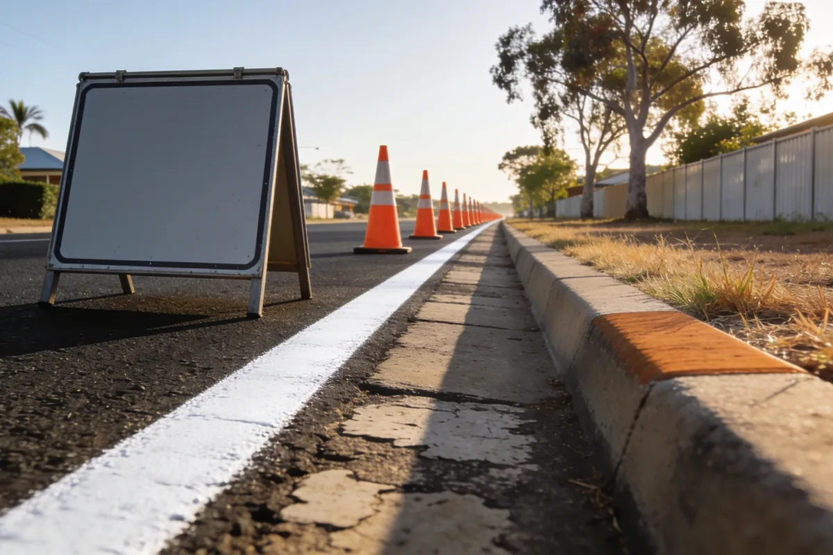 Fresh white edge line and worn older road markings on a suburban Australian street, a row of orange traffic cones receding into the distance and a blank roadworks sign on the road shoulder beside dry verge grass