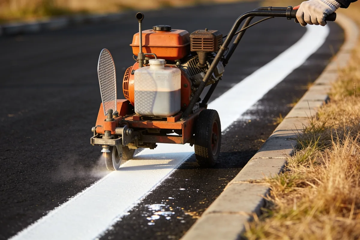 Close view of a walk-behind line-marking machine laying a fresh white line along the edge of a road, with the operator's gloved hand on the handle at the edge of frame and kerbside dry grass alongside