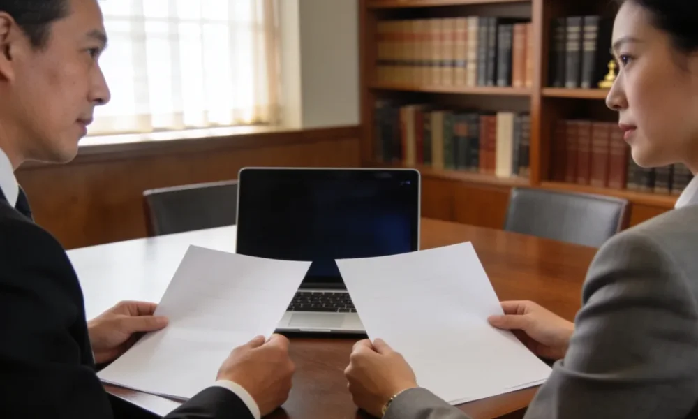 A lawyer and an accountant reviewing papers together at a table in a law office.