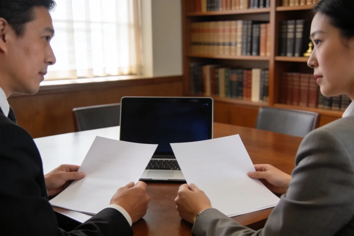 A lawyer and an accountant reviewing papers together at a table in a law office.