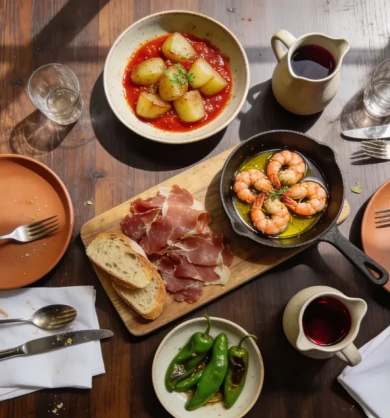A dark timber restaurant table in natural window light with a board of cured meat and bread, a pan of prawns in oil, a dish of potatoes in red sauce, blistered green peppers and a jug of red wine.