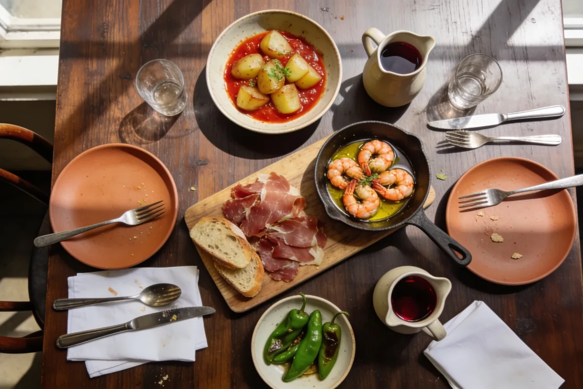 A dark timber restaurant table in natural window light with a board of cured meat and bread, a pan of prawns in oil, a dish of potatoes in red sauce, blistered green peppers and a jug of red wine.