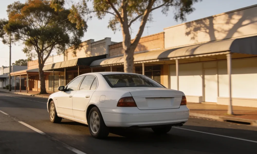 A white taxi driving along a quiet country-town main street in the afternoon.