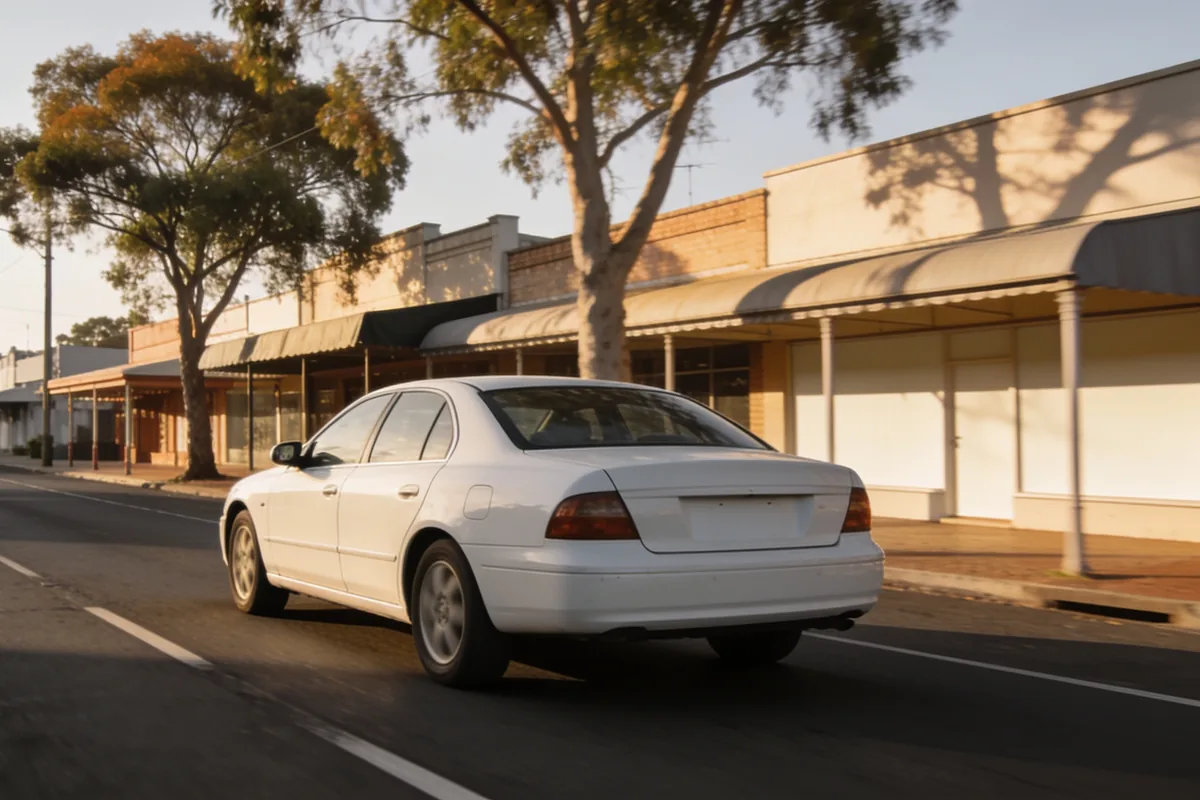 A white taxi driving along a quiet country-town main street in the afternoon.