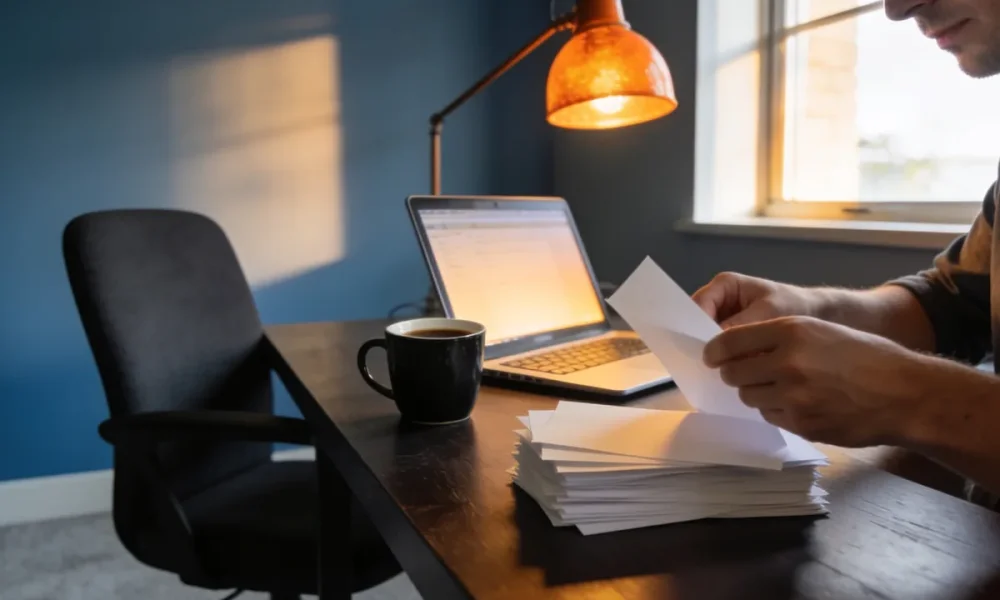 Person sorting paper receipts into piles at a home-office desk beside an open laptop in late-afternoon Australian light