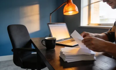 Person sorting paper receipts into piles at a home-office desk beside an open laptop in late-afternoon Australian light
