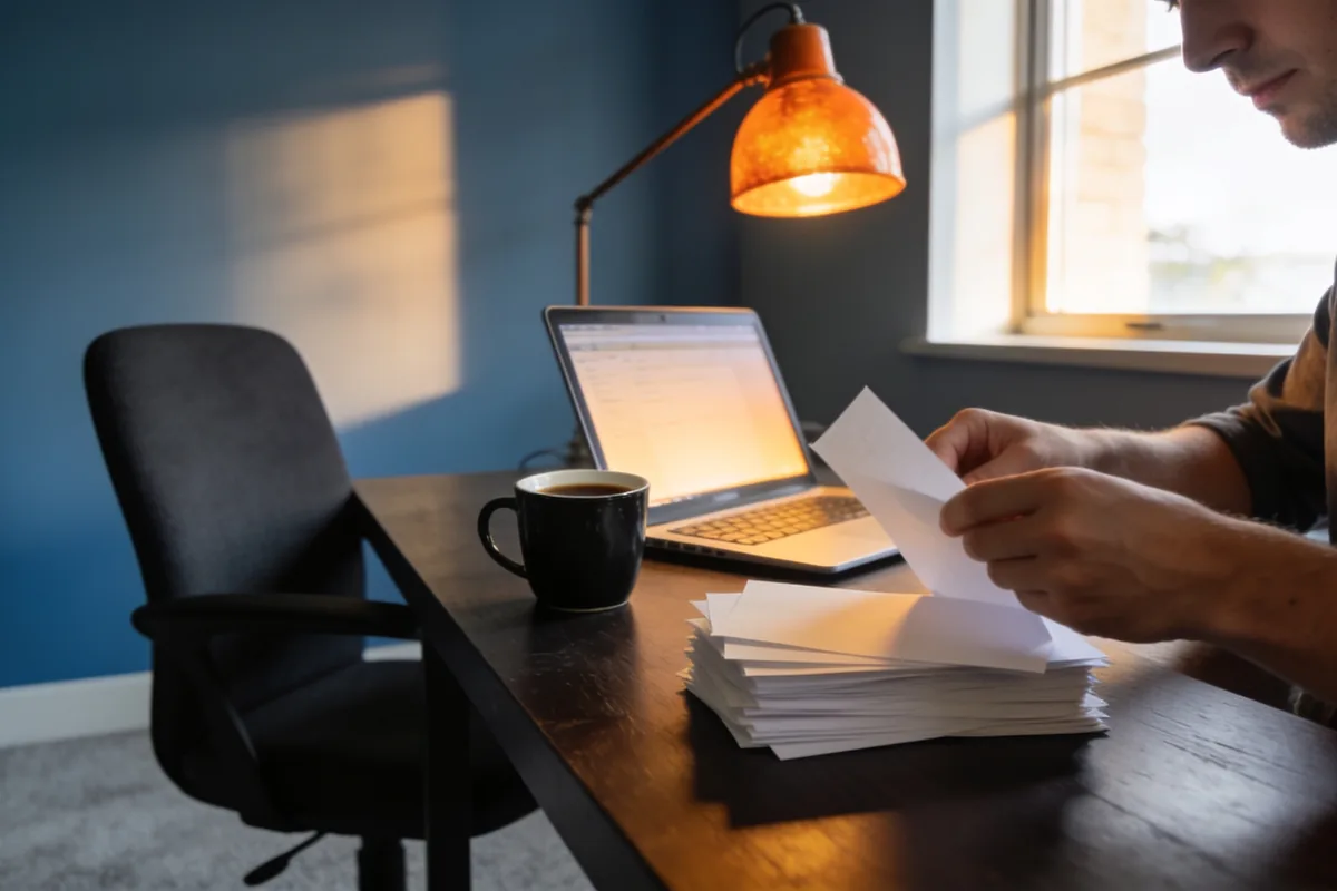 Person sorting paper receipts into piles at a home-office desk beside an open laptop in late-afternoon Australian light