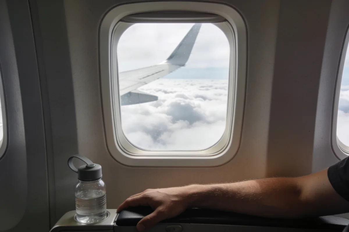 View from an aeroplane window seat with a wing passing over clouds and a person's lower arm resting on the armrest beside a small reusable water bottle in soft daylight.
