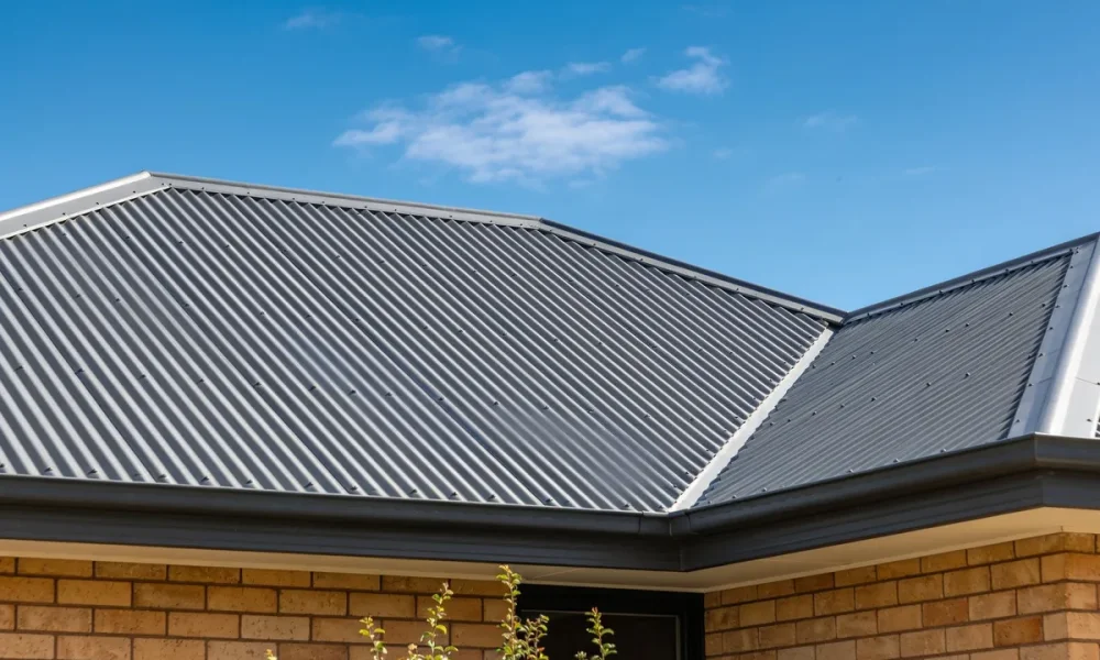 A grey metal roof on an Australian home under a bright blue sky.