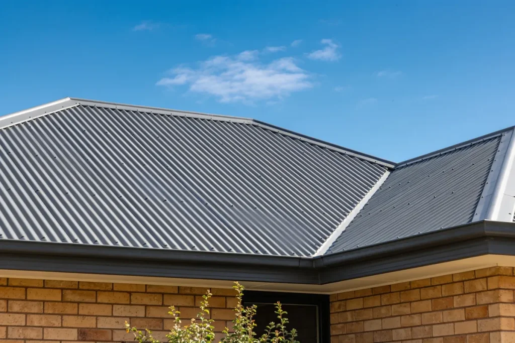 A grey metal roof on an Australian home under a bright blue sky.
