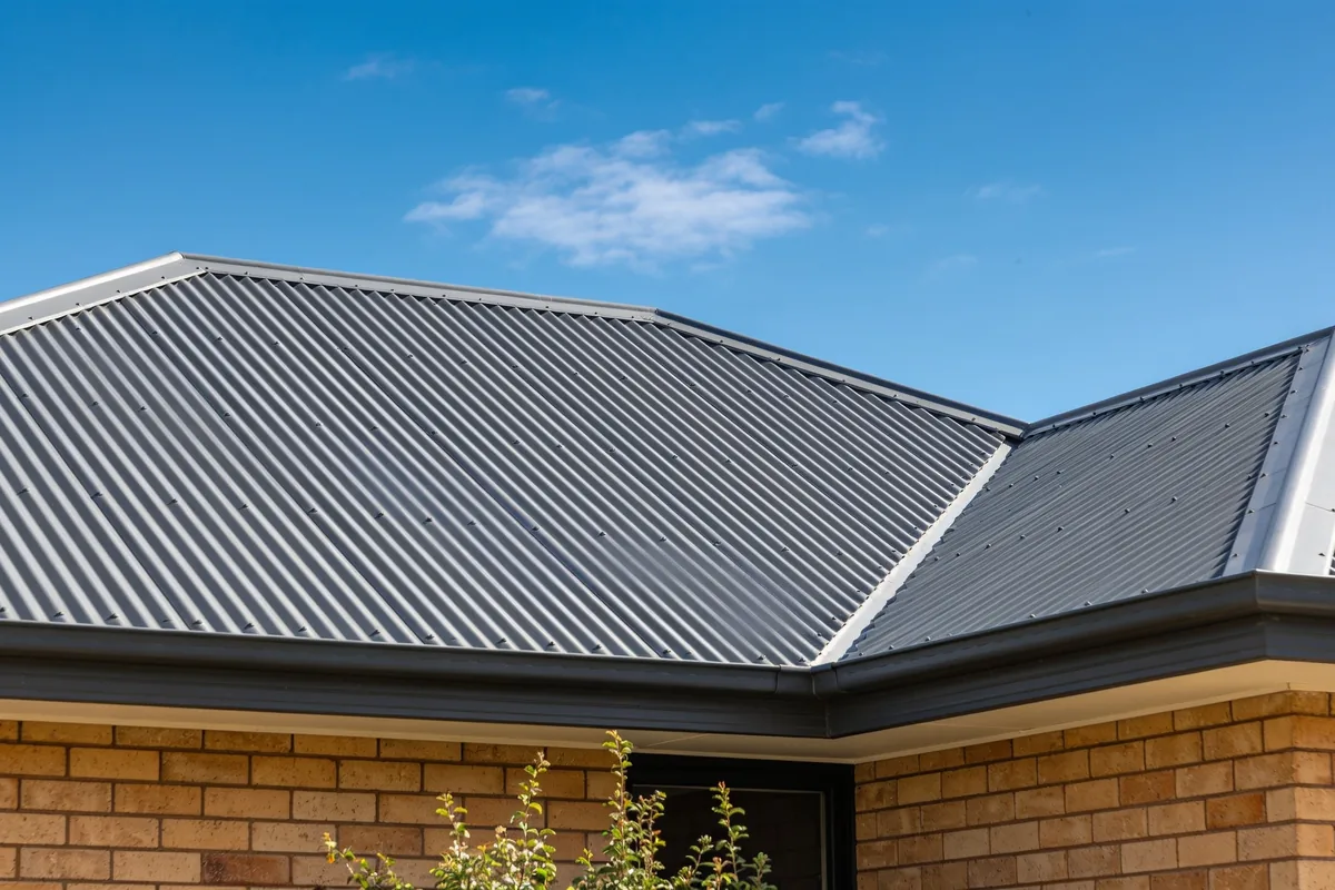 A grey metal roof on an Australian home under a bright blue sky.