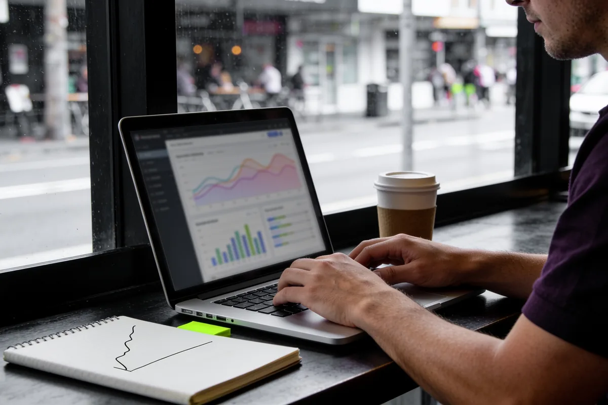 Small-business owner working on a marketing plan at a cafe window table with a laptop and notebook.