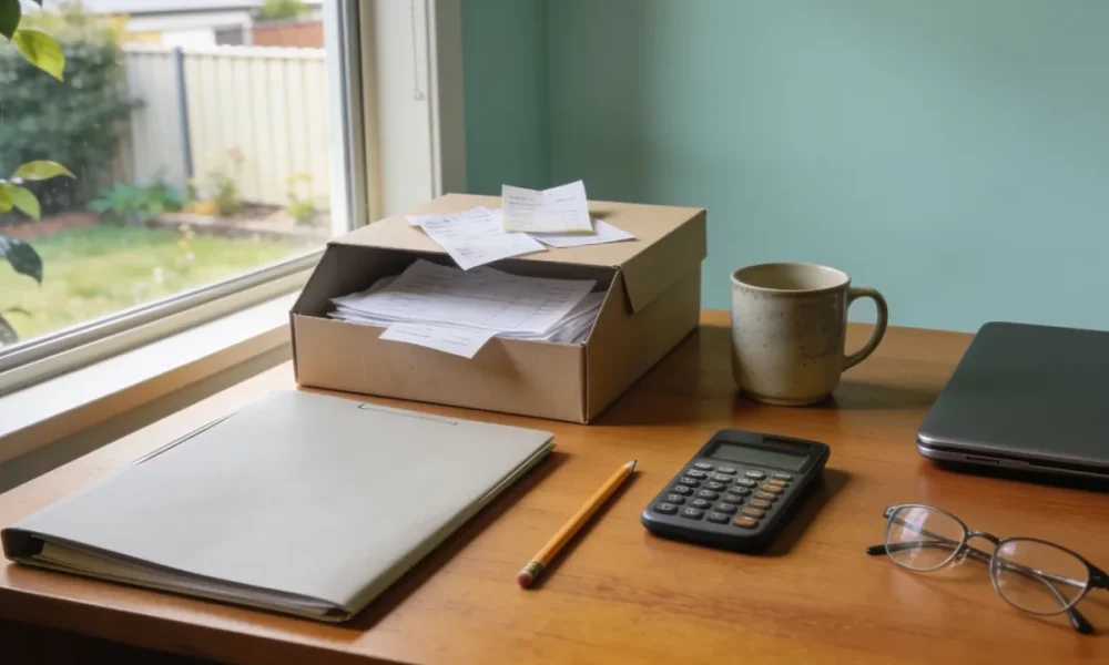 Home-office desk in morning light with an open box of paper receipts, a closed folder, a pocket calculator, a pencil, reading glasses and a mug, beside a window onto a suburban backyard