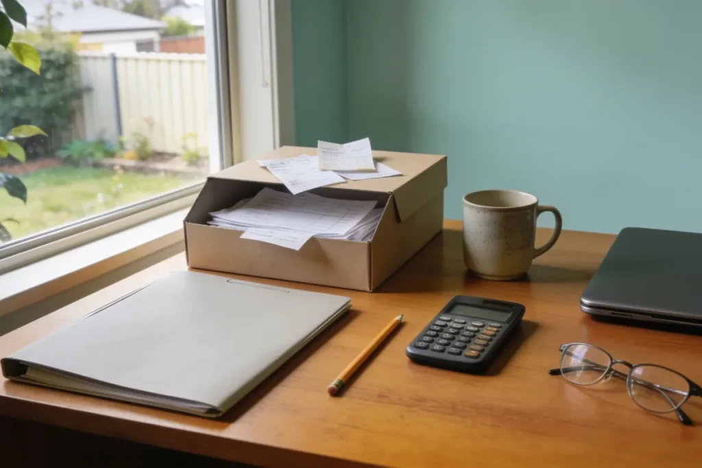 Home-office desk in morning light with an open box of paper receipts, a closed folder, a pocket calculator, a pencil, reading glasses and a mug, beside a window onto a suburban backyard