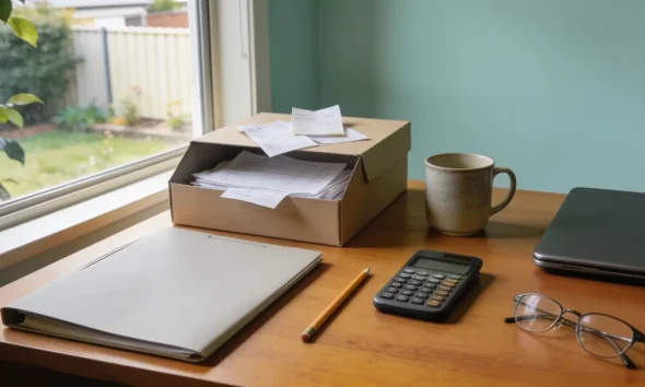 Home-office desk in morning light with an open box of paper receipts, a closed folder, a pocket calculator, a pencil, reading glasses and a mug, beside a window onto a suburban backyard