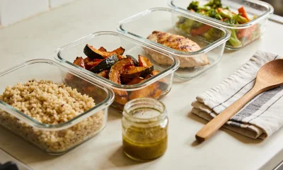 Several unlabelled clear glass containers of prepared meal-prep food, cooked grains, roasted vegetables, a cooked protein and a jar of dressing, in a neat row on a bright kitchen bench with a tea towel and a wooden spoon.