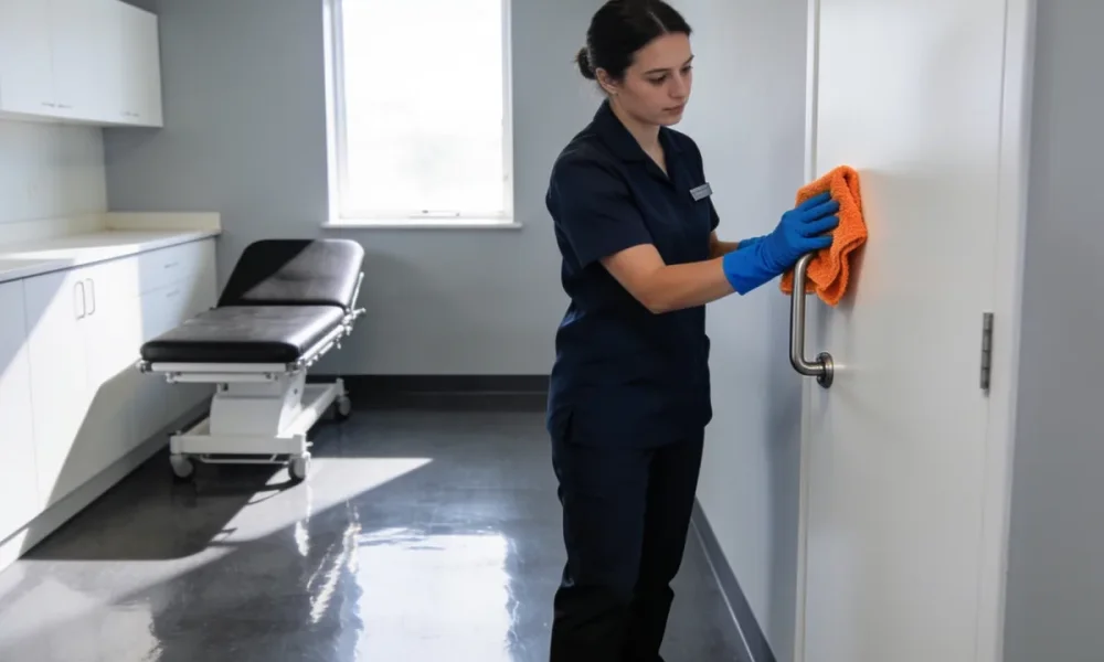 cleaner wiping a door handle in a bright medical clinic