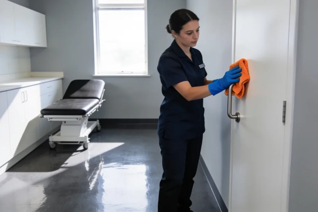cleaner wiping a door handle in a bright medical clinic