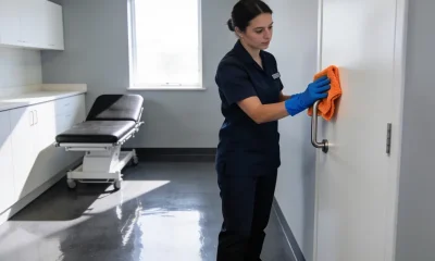 cleaner wiping a door handle in a bright medical clinic