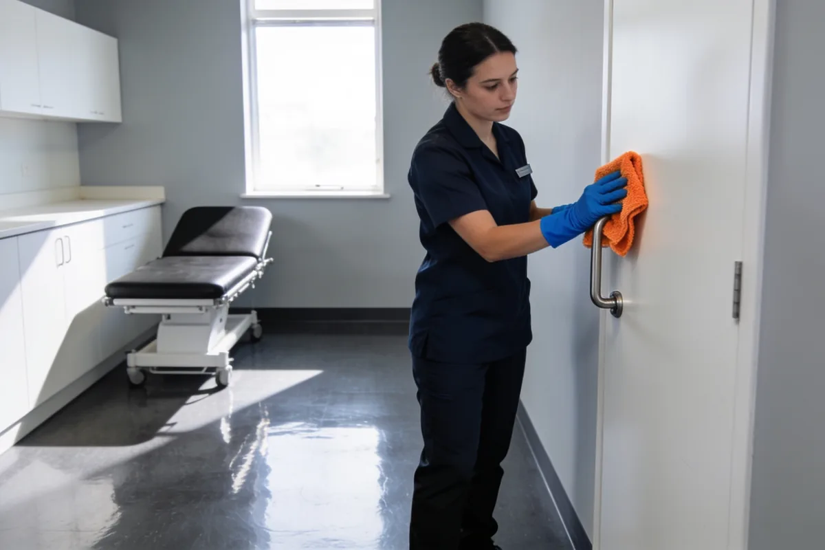 cleaner wiping a door handle in a bright medical clinic