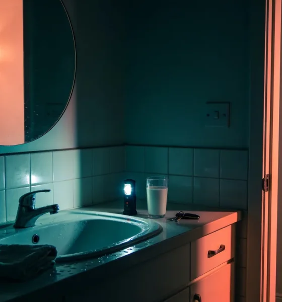 Dimly lit Australian bathroom seen from the doorway at night, with a glass of milk, a small lit torch and a car key on the vanity beside a round mirror and folded towel, warm light spilling in from the hall