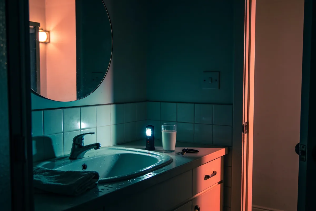 Dimly lit Australian bathroom seen from the doorway at night, with a glass of milk, a small lit torch and a car key on the vanity beside a round mirror and folded towel, warm light spilling in from the hall
