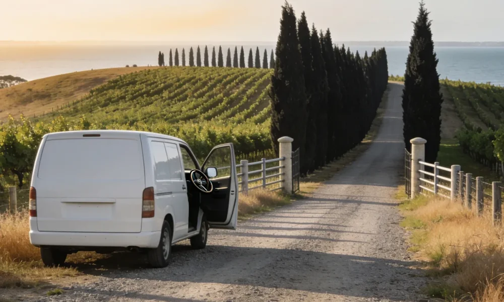 Plain white van parked on a gravel vineyard driveway with a door open, a windbreak of cypress trees and vine rows rising behind it and a soft glimpse of the bay beyond