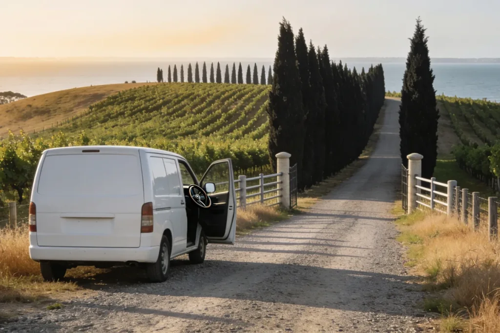 Plain white van parked on a gravel vineyard driveway with a door open, a windbreak of cypress trees and vine rows rising behind it and a soft glimpse of the bay beyond