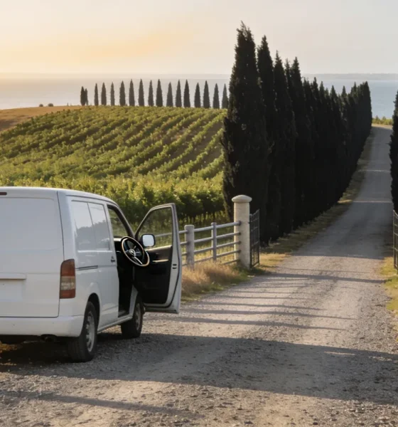 Plain white van parked on a gravel vineyard driveway with a door open, a windbreak of cypress trees and vine rows rising behind it and a soft glimpse of the bay beyond