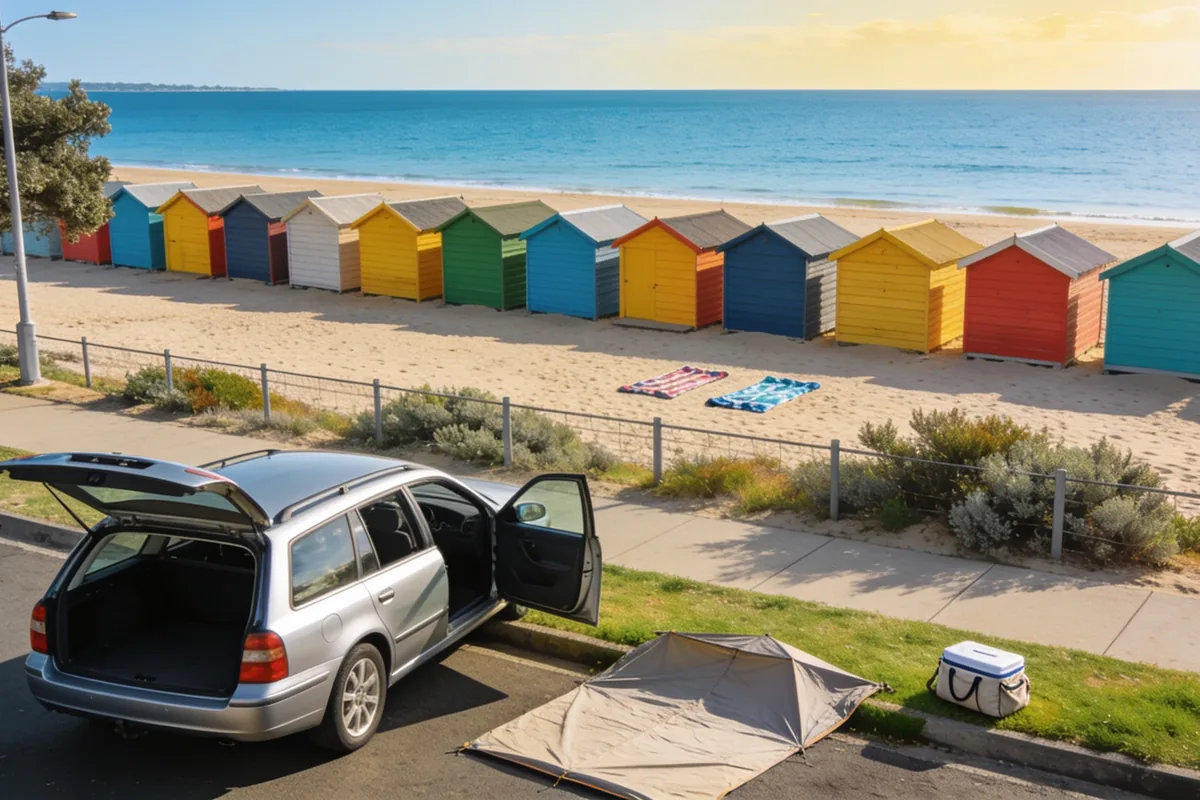 Silver station wagon parked at the kerb above a bayside beach, tailgate open, with a folded beach tent and a cooler bag on the grass verge and a long row of brightly coloured bathing boxes on the sand beyond