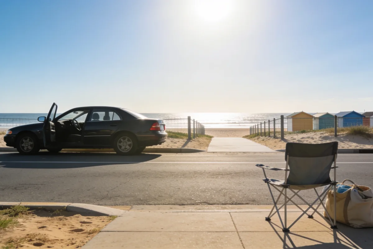 Dark sedan stopped at the kerb on a coastal road with a door open, a beach access path leading to the sand past a low fence, with a beach chair and a canvas bag left on the footpath in the foreground