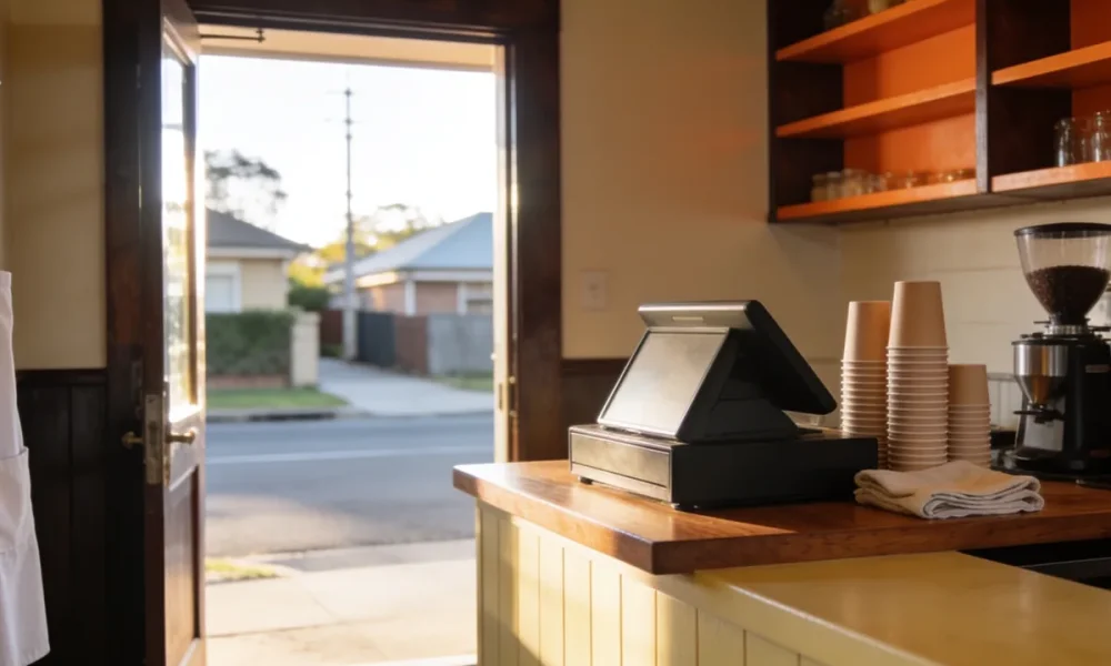 Cafe counter in early morning light with a closed till, a stack of plain takeaway cups, a folded cloth and an apron on a hook, opening onto a quiet suburban street through the doorway