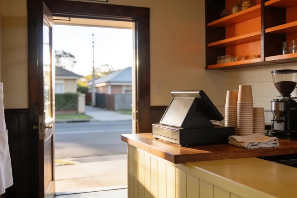 Cafe counter in early morning light with a closed till, a stack of plain takeaway cups, a folded cloth and an apron on a hook, opening onto a quiet suburban street through the doorway