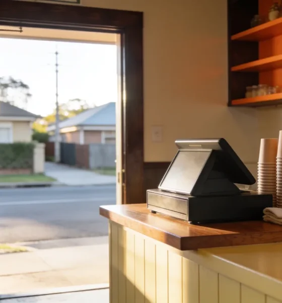 Cafe counter in early morning light with a closed till, a stack of plain takeaway cups, a folded cloth and an apron on a hook, opening onto a quiet suburban street through the doorway