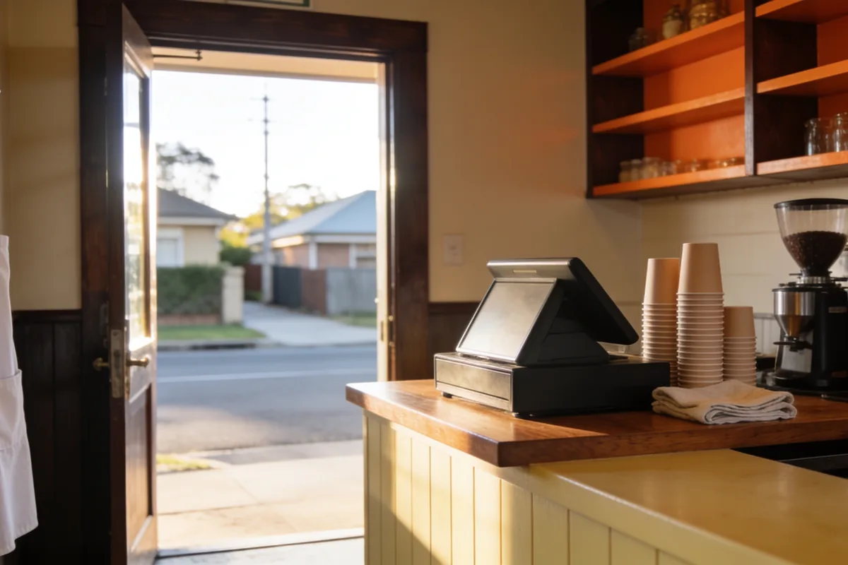 Cafe counter in early morning light with a closed till, a stack of plain takeaway cups, a folded cloth and an apron on a hook, opening onto a quiet suburban street through the doorway