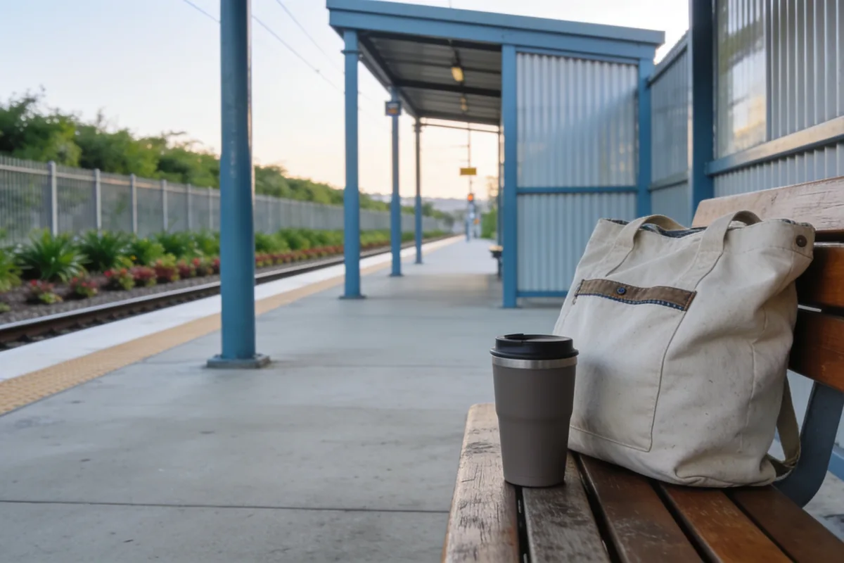Canvas tote bag and a reusable coffee cup resting on a timber bench at a suburban railway platform, with blue steel posts, a planted garden strip along the fence and the track curving away